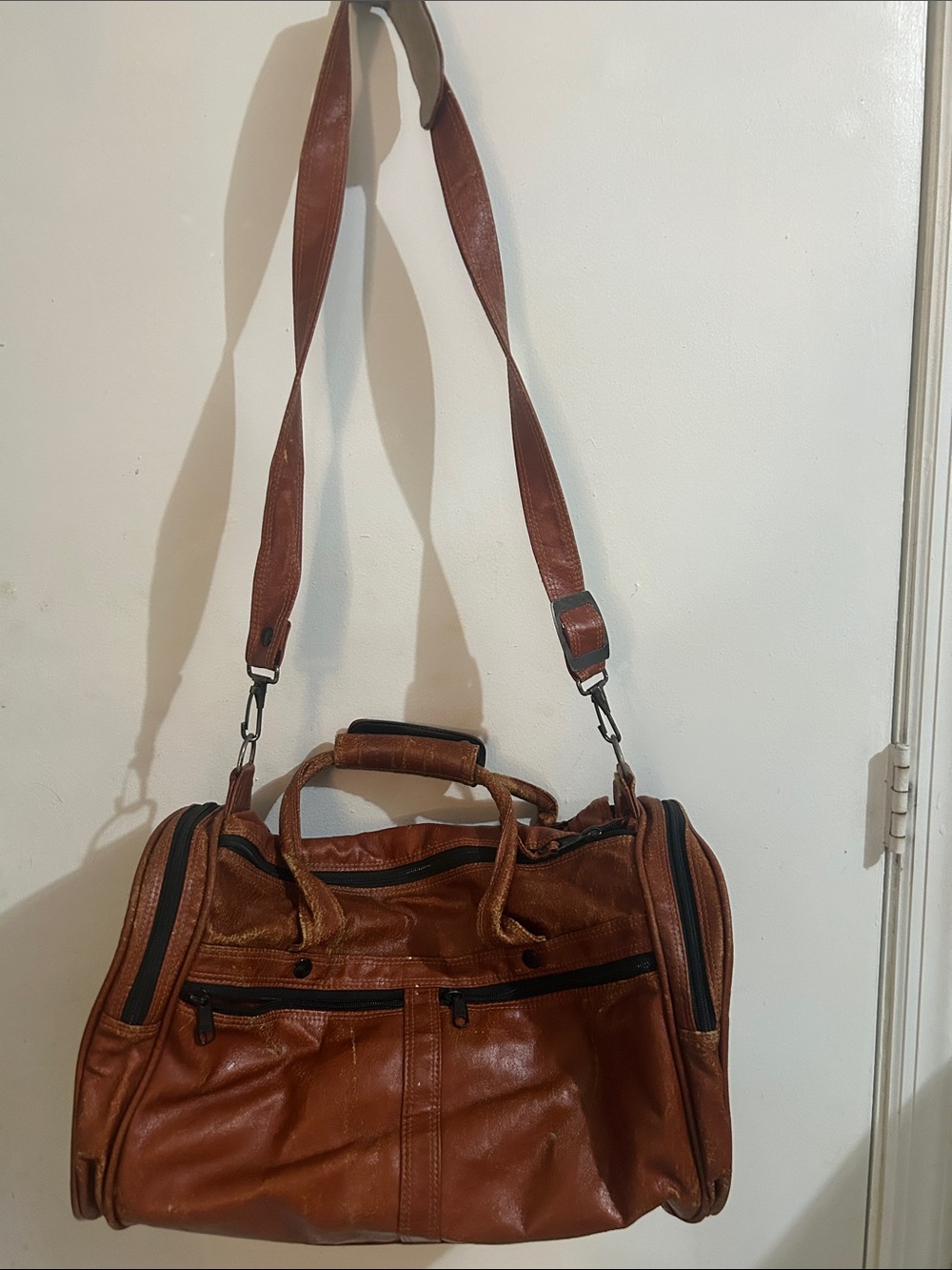 K&K Interiors Brown Leather Duffel with Adjustable Shoulder Strap